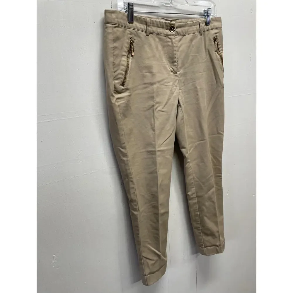 Michael Kors Ankle Pants Gold Hardware Detail Khaki Beige Cropped Size 8
